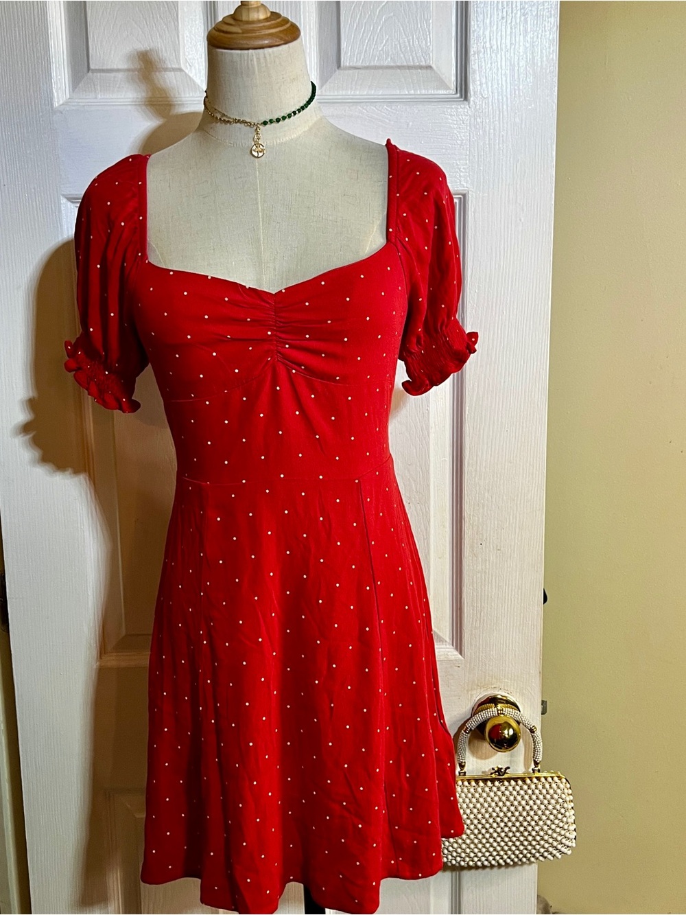 Gap Wms Red White Polka Dot Sweetheart Puff Sleeve Smock Retro Mini Dress XS - Picture 3 of 12